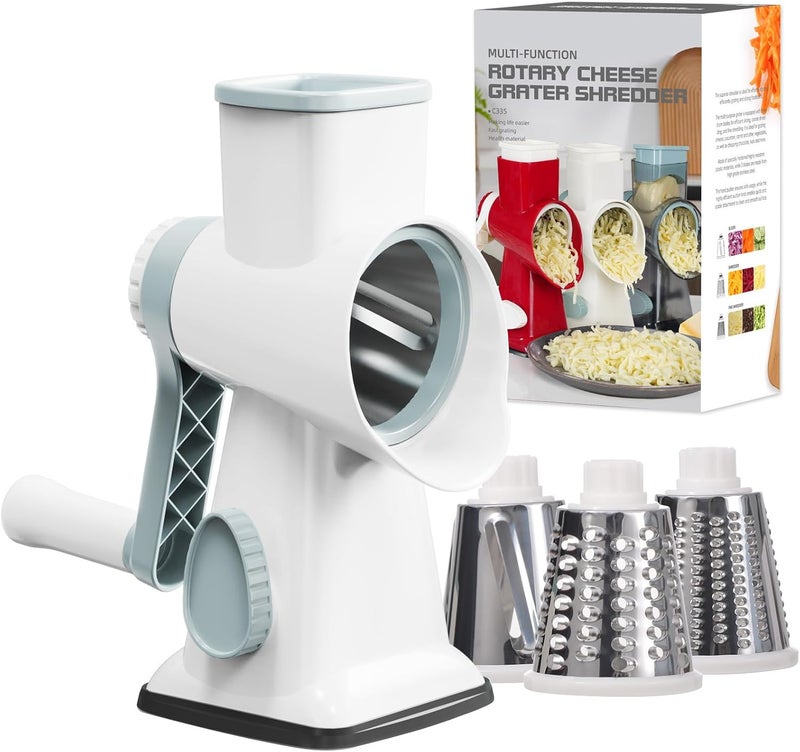 GORCI Cheese Grater Cheese Shredder with 3 Interchangeable Blades, Rotary Cheese Grater Manual Vegetable Slicer with Non-slip Suction Base Peanut Nuts Grinder Vegetable Shredder White - Image 1